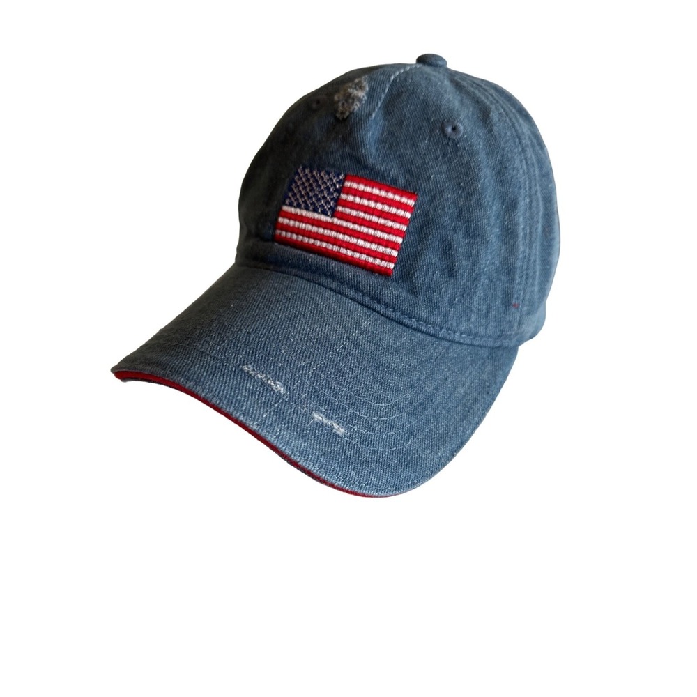 Distressed Chambray Denim American Flag Hat‎ Cap Adjustable